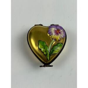 Rochard Limoges France Heart Trinket Box Hand Painted Pansy Gold Porcelain